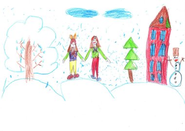 Çocuk çizimi. Çocuklar Noel ağacının dışında karla oynarlar. Tatil, tatil, yılbaşı, Noel. Çocukça bir kalem sanatı..