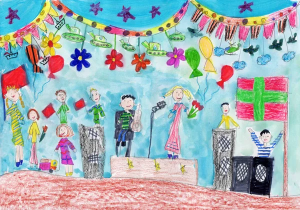 Kinderzeichnung Glücklicher Kinder Mit Fahnen Und Luftballons Urlaub Bleistiftkunst Kindlichen — Stockfoto