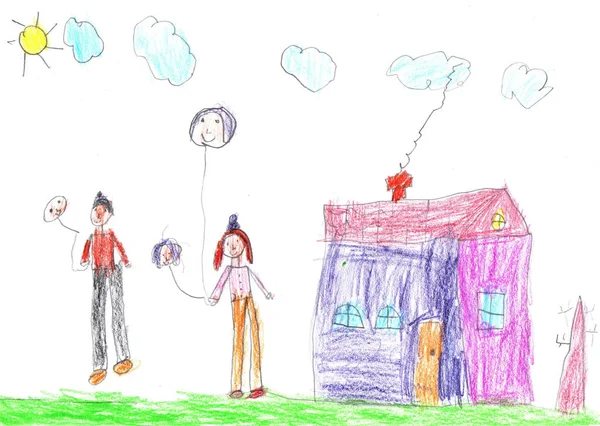 Dibujo Infantil Una Familia Feliz Paseo Aire Libre Arte Lápiz — Foto de Stock