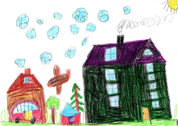 Dětská Kresba Budov Aut Městská Cesta Dětinském Stylu Tužkové Umění — Stock fotografie
