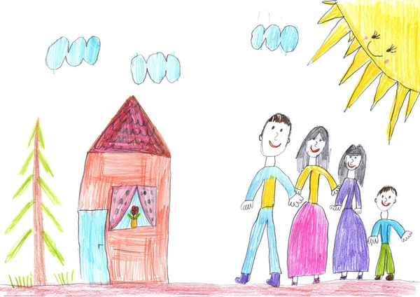 孩子们在户外散步 画一个快乐的家庭 幼稚风格的铅笔艺术 — 图库照片