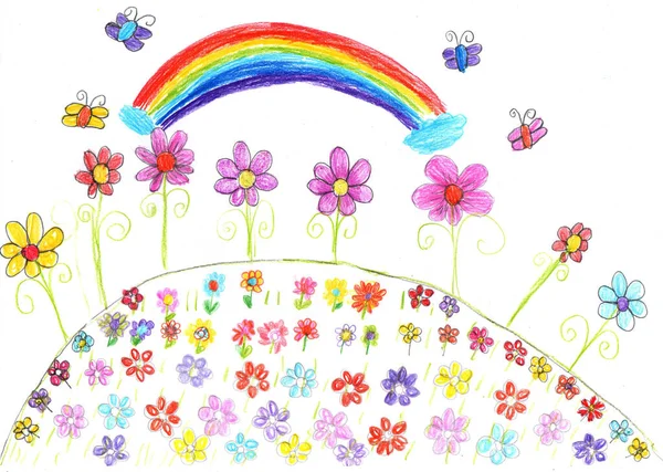 Child Drawing Butterfly Flowers Nature Pencil Art Childish Style — Stock Photo, Image
