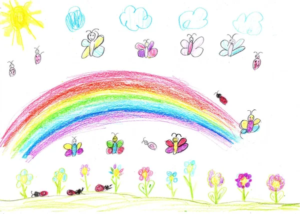 孩子们画蝴蝶和花朵的天性 幼稚风格的铅笔艺术 — 图库照片