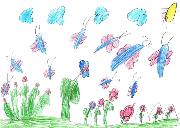 Child drawing butterfly and flowers nature. Pencil art in childish style