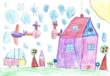 Child drawing of the buildings and cars. City road in childish style. Pencil art