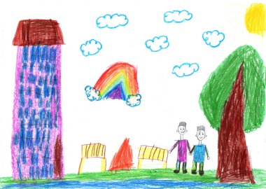 Child drawing of a happy friends on a walk outdoors. Pencil art in childish style.