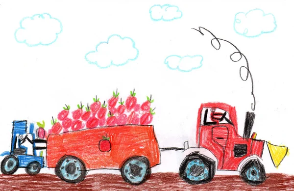 Tractor and trailer working a field.Car truck moving alongside. Harvesting season. Harvest delivery, organic food transportation. Pencil art in childish style