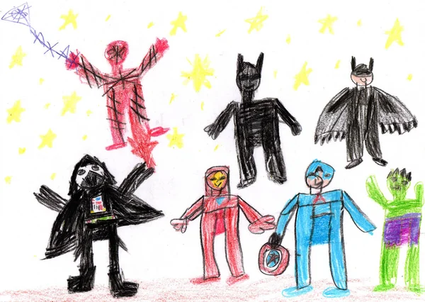 Дитина Малює Команду Супергероїв Масці Мистецтво Олівців Дитячому Стилі — стокове фото