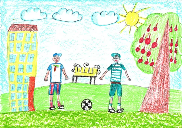 Child Drawing Happy Kids Playing Soccer Active Healthy Lifestyle Concept — Stock Photo, Image