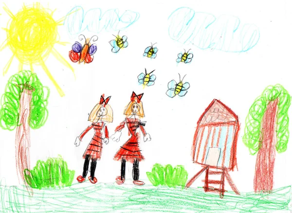 Child Drawing Happy Friends Walk Outdoors Pencil Art Childish Style — Φωτογραφία Αρχείου