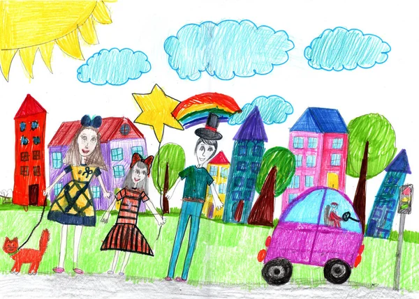 Child Drawing Buildings Cars Happy Family Walk Lives People City — Stock Photo, Image