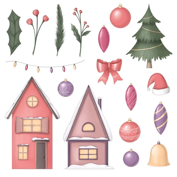 Conjunto Ilustraciones Navidad Año Nuevo Con Casa Cubierta Nieve Adorno — Foto de Stock