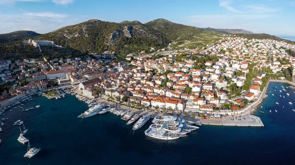 Streets Historic Tourist Town Hvar Fort Port Yacht Marine Croatian — Stock Photo, Image