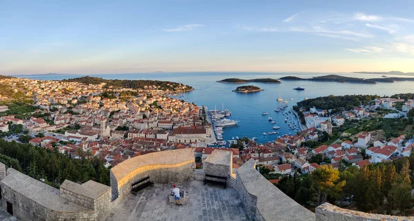 Streets Historic Tourist Town Hvar Fort Port Yacht Marine Croatian — стоковое фото