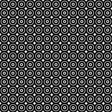 Vektör çizimi. Geometrik dikişsiz desen. Katı noktalar ve eşkenar dörtgen şeklinde daireler. Siyah beyaz bir zemin. Basit siyah ve beyaz soyut desen.