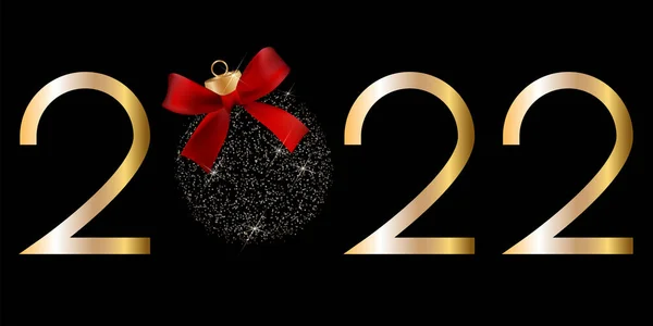 Vektör. Yeni yıl kartı. 2022 tipografik logolu şablonlar tasarla. Noel ağacı süslemeleri. Gerçekçi 3 boyutlu arka plan. Parlak altın sayılar, altın konfeti Noel ağacı oyuncağı, kırmızı saten fiyonk.