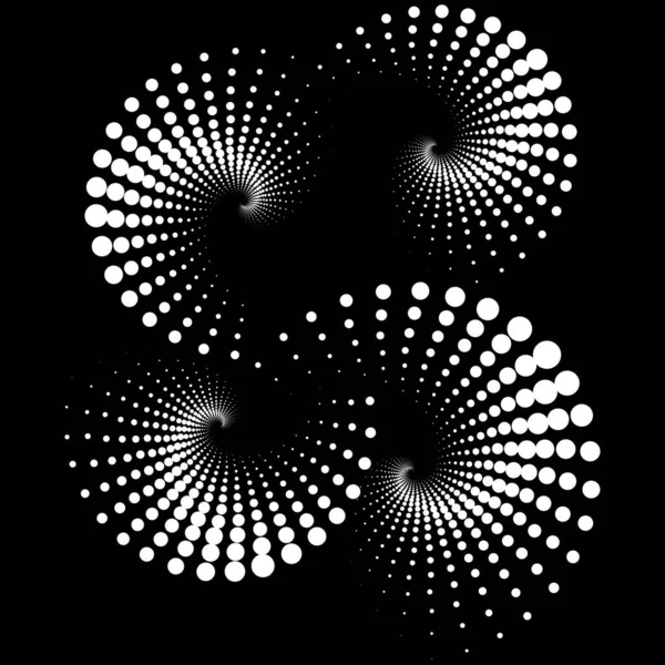 Vektör düzenlenebilir grafikler. Daire şeklinde tek renkli noktalar, spiral şeklinde. Yuvarlak geometrik logo, stencil, noktalı çerçeve, web afişi, poster, kapak, sosyal medya slaytı.