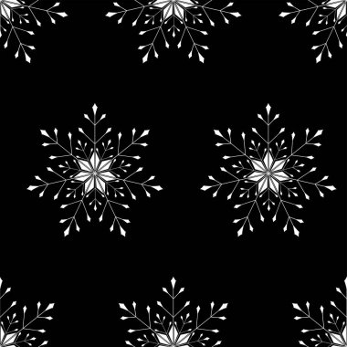 Vektör. Basit, pürüzsüz bir kar tanesi. Siyah arka planda beyaz kar. Soyut duvar kağıdı kaplama dekorasyonu. Kış sembolü, Mutlu Noeller, Mutlu yıllar.