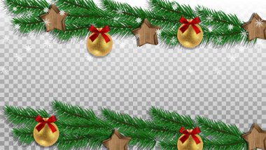 Vektör. Noel ve Yeni Yıl yatay şeffaflık geçmişi. Yeşil ağaç dalları, beyaz kar taneleri ve parıldayan Noel ağacı süslemeleri kırmızı saten bir fiyonk, ahşap süsler.