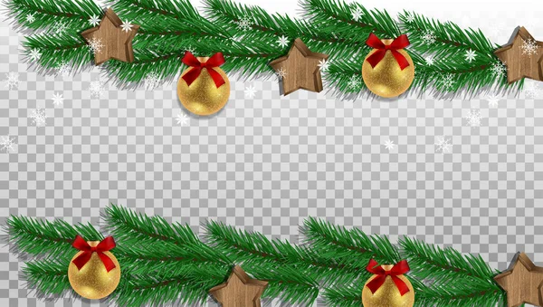 ベクトル クリスマスと新年の水平透明性の背景 緑の木の枝 白い雪片と赤いサテンの弓 木製の装飾品と輝くクリスマスツリーの装飾のフレーム — ストックベクタ