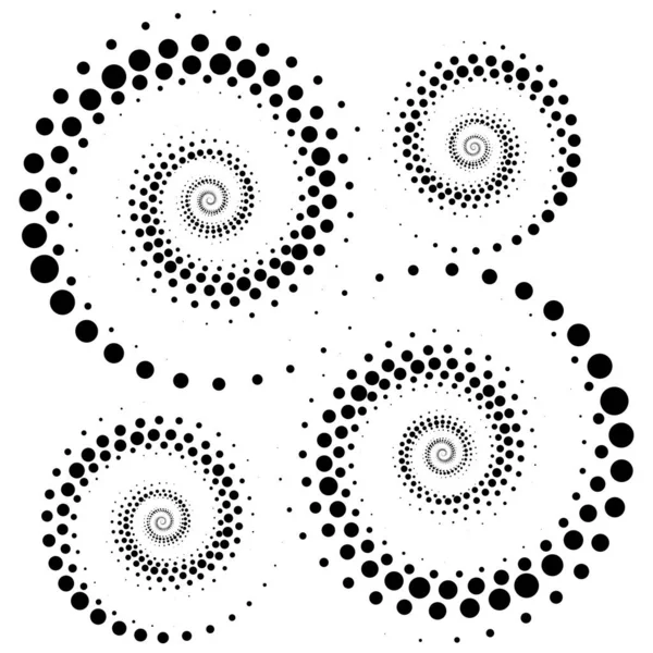 Vektör düzenlenebilir grafikler. Daire şeklinde tek renkli noktalar, spiral şeklinde. Yuvarlak geometrik logo, stencil, noktalı çerçeve, web afişi, poster, kapak, sosyal medya slaytı.