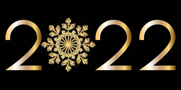 新年贺卡 设计带有2022年字体标识的模板 圣诞树装饰 现实的3D背景 金黄色的数字 金色的圣诞树玩具 闪闪发光的雪花 — 图库矢量图片