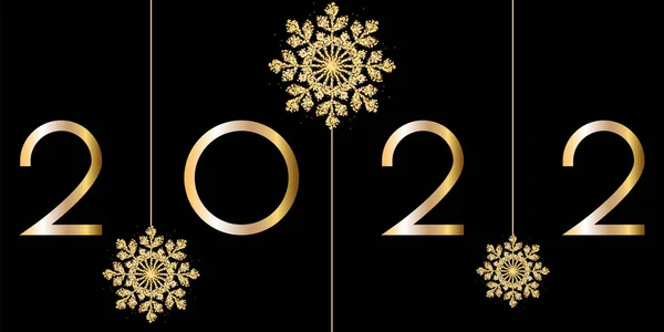 新年贺卡 设计带有2022年字体标识的模板 圣诞树装饰 现实的3D背景 金黄色的数字 金色的圣诞树玩具 闪闪发光的雪花 — 图库矢量图片