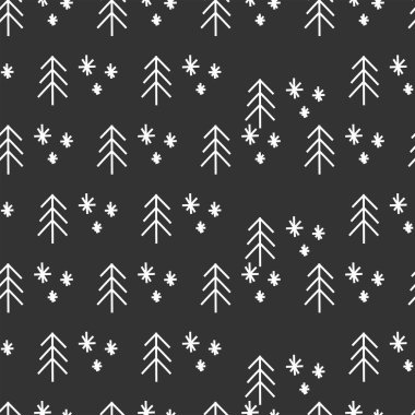 Vektör. Noel ve Yeni Yıl pürüzsüz geçiyor. Typographic ürünleri için şablonlar tasarla. Markalaşma, afiş, kapak, kartpostallar için minimalizm. Basit bir el çizimi köknar ağacı ve kar taneleri.