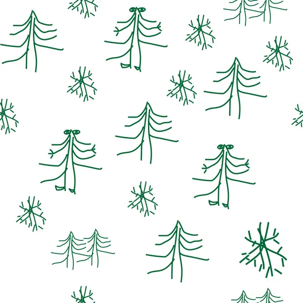 圣诞和新年无缝模式 在白色的背景上 绿色的冷杉树和雪花呈涂鸦状 孩子们的画印在面料上 无边无际的包装纸背景 — 图库矢量图片