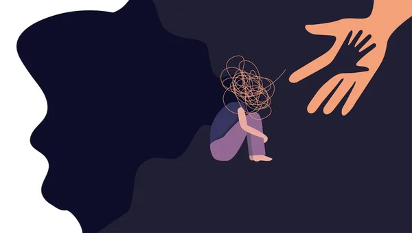 Vektör grafikleri. İnsan eli depresyondaki genç bir kıza yardım eder. Yalnız kadın dalgalı saçlarıyla dizlerine sarılıyor. Üzüntü, yalnızlık, üzüntü, depresyon kavramı. Düz çizim, çizgi film kadını 