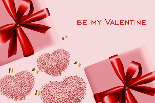 バレンタインデーの背景 バレンタインのポストカード コンフェッティ製のハート サテンリボンと弓でリアルな3Dギフトラッピング — ストックベクタ