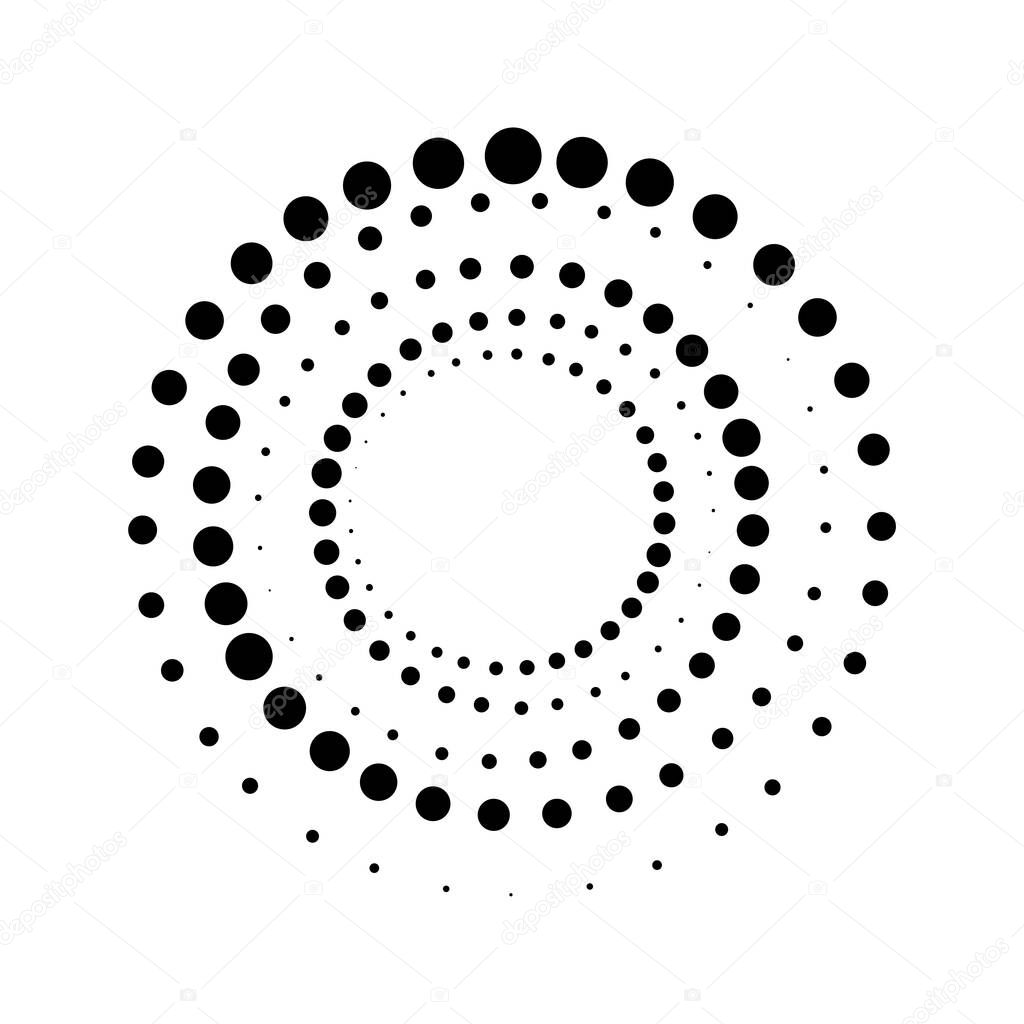 Vector editable graphics. Monochrome dots in the form of a circle. Round geometric logo, stencil, dotted frame, web banner, poster, cover, social media splash screen with place to place your text.