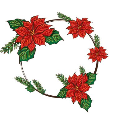 Vektör çizimi. Kırmızı noktalı çiçekli Noel arkaplanı. Mutlu Noeller ve mutlu yıllar tebrik kartı. Noel çiçekli şenlikli kış çerçevesi, Noel yuvarlak çelengi.