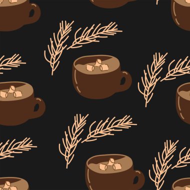 Vektör. Mutlu Noeller ve yeni yılınız kutlu olsun. Kış arkaplanı çizilmiş karikatür kupası şekerli sıcak kakao, kış köknar dalları. İskandinav tarzında bir süs.