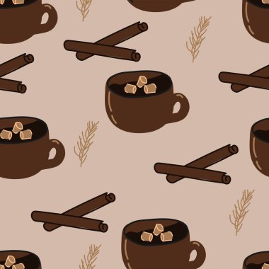 Vektör. Mutlu Noeller ve yeni yılınız kutlu olsun. Kış arkaplanı çizilmiş bir fincan sıcak kakao, marşmelov, ladin dalları ve tarçın çubukları. İskandinav tarzı.