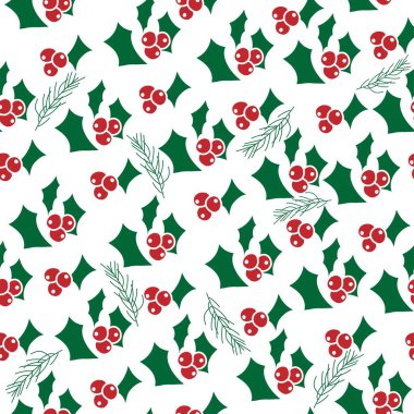 Vektör. Mutlu Noeller, doğrusal yapraklı, meyveli, kutsal ve ladin dallı kusursuz yeni yıl şablonu. Kusursuz bir kış geçmişi. Paket kağıdı, kartpostal, tekstil, markalaşma için tasarım.