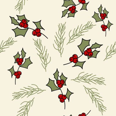 Vektör. Mutlu Noeller, yapraklar, böğürtlenler, çoban püskülleri ve ladin dallarıyla kusursuz yeni yıl şablonu. Kusursuz kış geçmişi. Paket kağıdı, tebrik kartı, tekstil, markalaşma için tasarım.