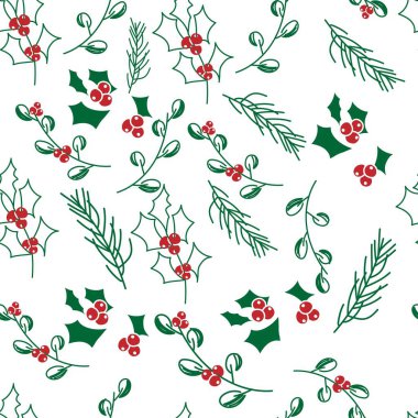 Vektör. Mutlu Noeller, yapraklar, böğürtlenler, çoban püskülleri ve ladin dallarıyla kusursuz yeni yıl şablonu. Kusursuz kış geçmişi. Paket kağıdı, tebrik kartı, tekstil, markalaşma için tasarım.