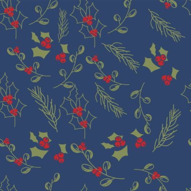 Vektör. Mutlu Noeller, yapraklı, dutlu, kutsal ve ladin dallı kusursuz yeni yıl şablonu. Kusursuz bir kış geçmişi. Tasarım kağıtları, tebrik kartları, tekstil ürünleri, marka. Mavi.