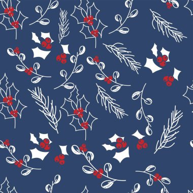 Vektör. Mutlu Noeller, yapraklı, dutlu, kutsal ve ladin dallı kusursuz yeni yıl şablonu. Kusursuz bir kış geçmişi. Tasarım kağıtları, tebrik kartları, tekstil ürünleri, marka. Mavi.