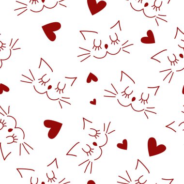 Vektör. Sevimli kedileri, aşıkları, kalpleri, gözleri olan kusursuz sevgililer günü deseni. Ambalaj, ambalaj kağıdı, tekstil, ev dekorasyonu ve diğer reklam ve baskı ürünleri için modern doğrusal yazdırma.