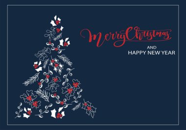 Vector. Merry Christmas and Happy New Year floral background, text design. Rustic horizontal template for a Christmas card, party invitation and other promotional items. Hand-drawn sketch. clipart