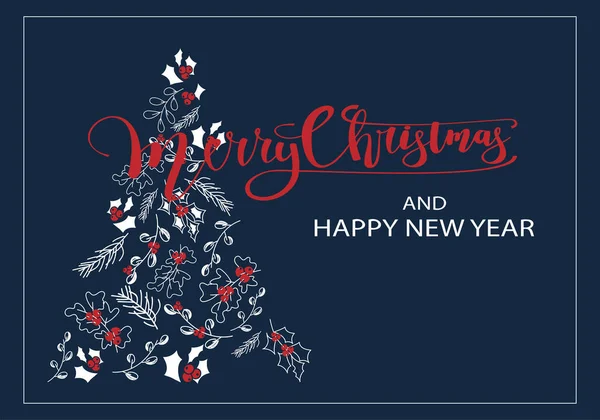 Vektör. Mutlu Noeller ve mutlu yıllar çiçekli özgeçmiş, metin tasarımı. Noel kartı, parti davetiyesi ve diğer promosyon ürünleri için kırsal bir şablon. Elle çizilmiş çizim.