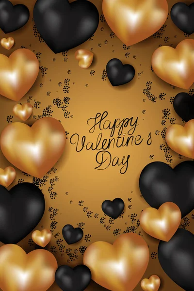 Vector Romantic Design Valentine Day Realistic Gold Black Gel Balloons —  Vetores de Stock