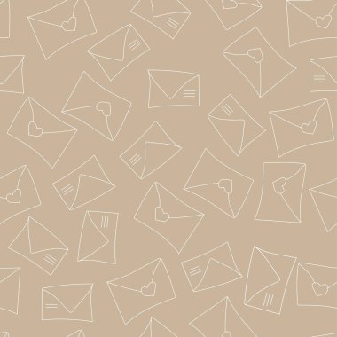 Vector. Cute seamless pattern of love with envelopes, mail, on a beige background. Doodle illustration in cartoon style. Valentine's Day design for print and textile, wallpaper, wrapping paper.