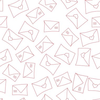 Vector. Cute seamless pattern of love with envelopes, mail, on a white background. Doodle illustration in cartoon style. Valentine's Day design for print and textile, wallpaper, wrapping paper.