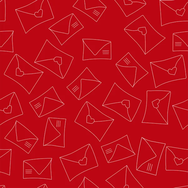 Vector Cute Seamless Pattern Love Envelopes Mail Red Background Doodle — Stockvector