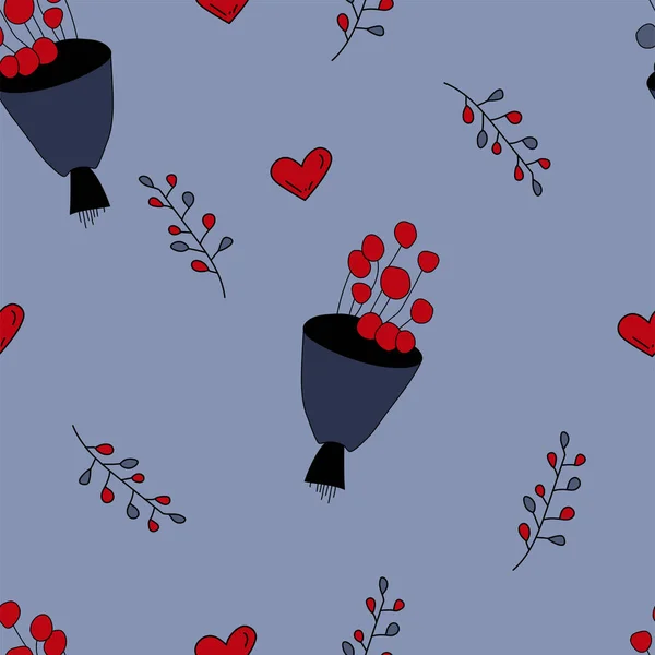 Vecteur Mignon Motif Amour Sans Couture Avec Bouquets Branches Cœurs — Image vectorielle