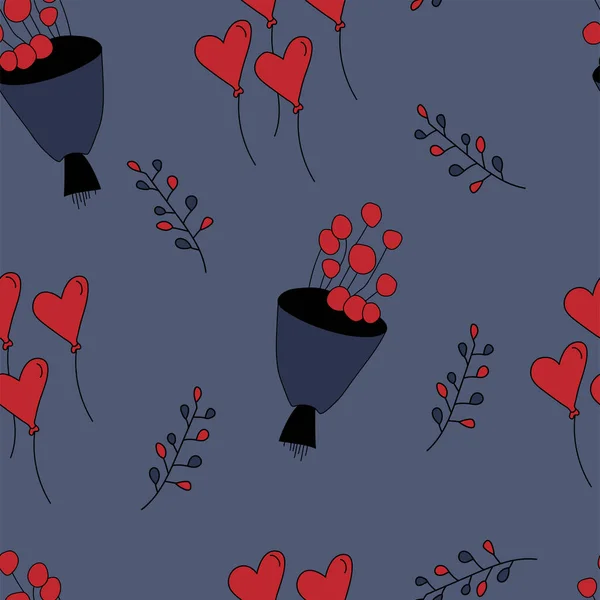 Vector Cute Seamless Love Pattern Bouquets Branches Heart Shaped Balloons — Stok Vektör