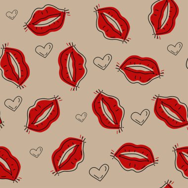 Vector. Cute seamless love pattern with hand drawn contours of hearts and red lips. Cartoon style sketch. Design template for postcard, print, poster, party, Valentine's Day, textile, wrapping paper.